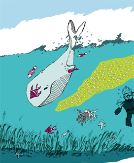 tandem Illustration ein großer Wal schwimmt zwischen einem Schwarm und anderen Fischen